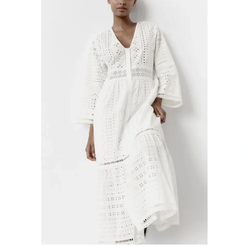 NWT$119 Zara The Madison Dress embroidery white cotton maxi dress XS R: 7521/042 - Picture 3 of 13